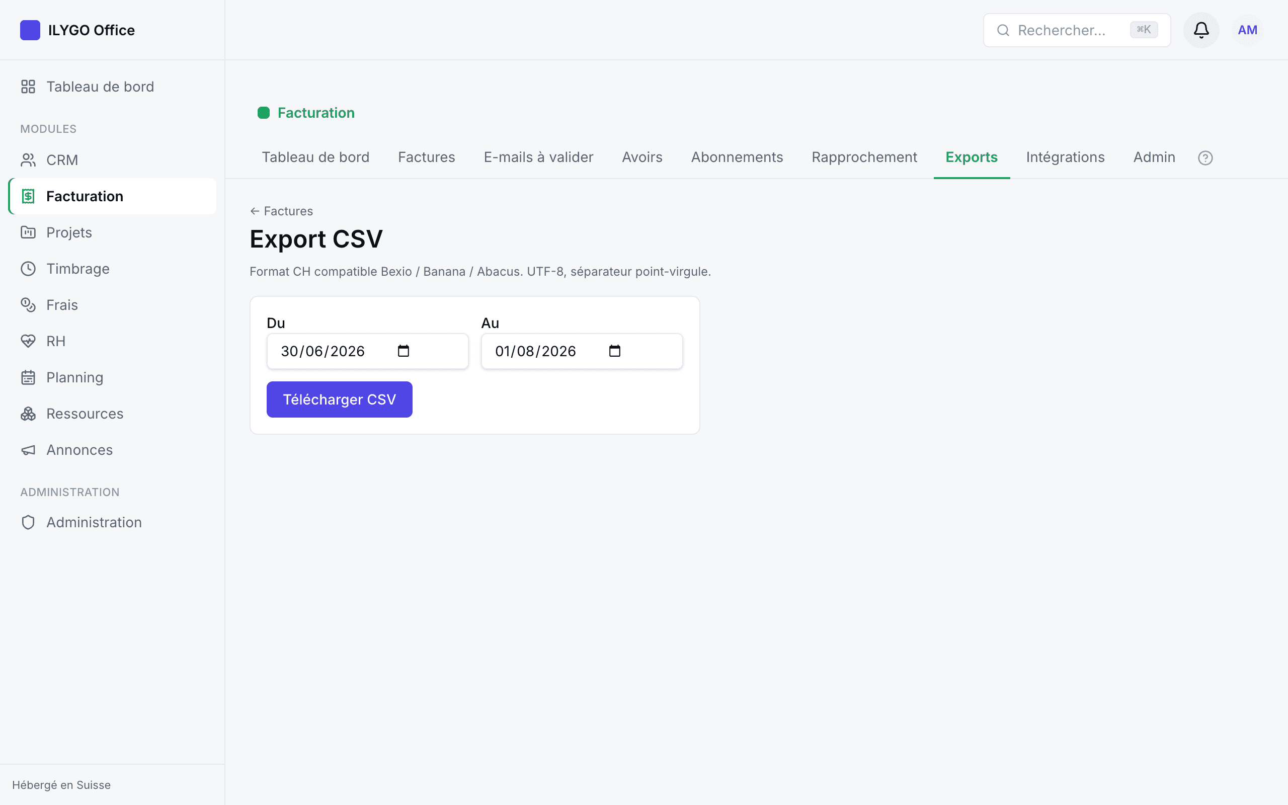 Écran d'export CSV avec choix de la période