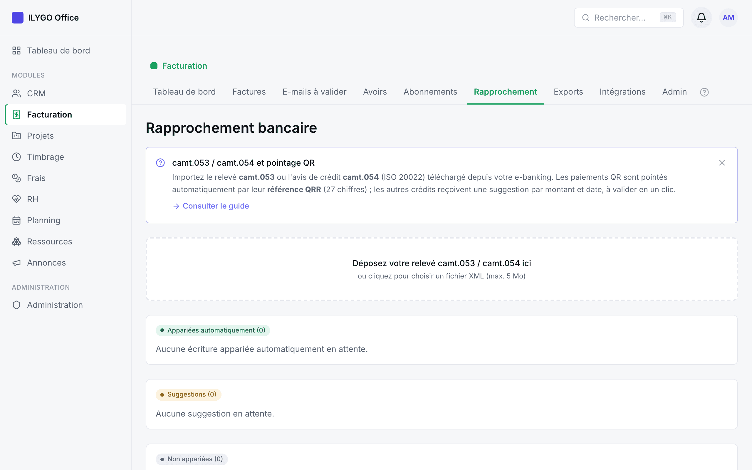Écran de rapprochement avec les écritures appariées, suggérées et non appariées