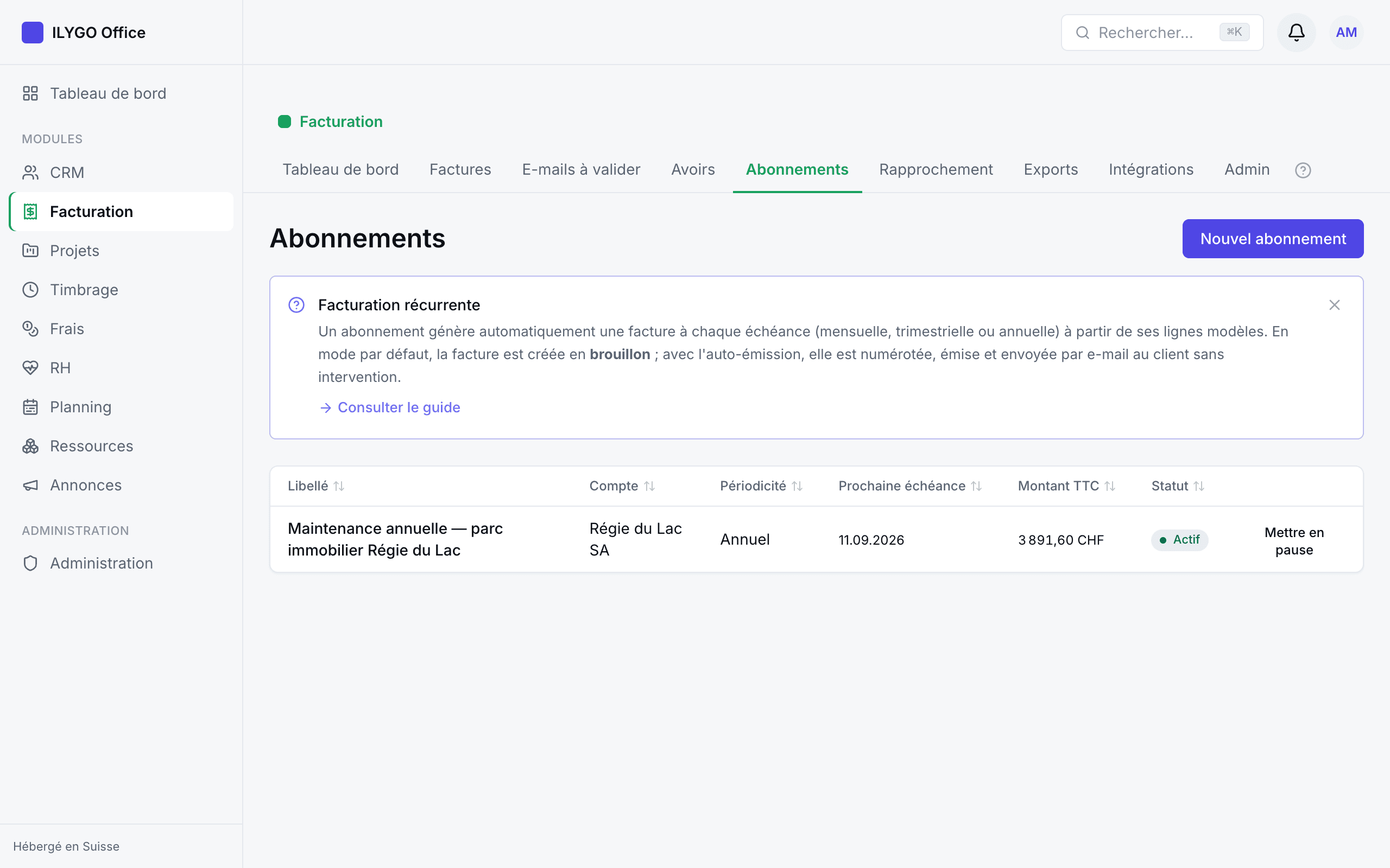 Liste des abonnements avec périodicité, prochaine échéance et statut