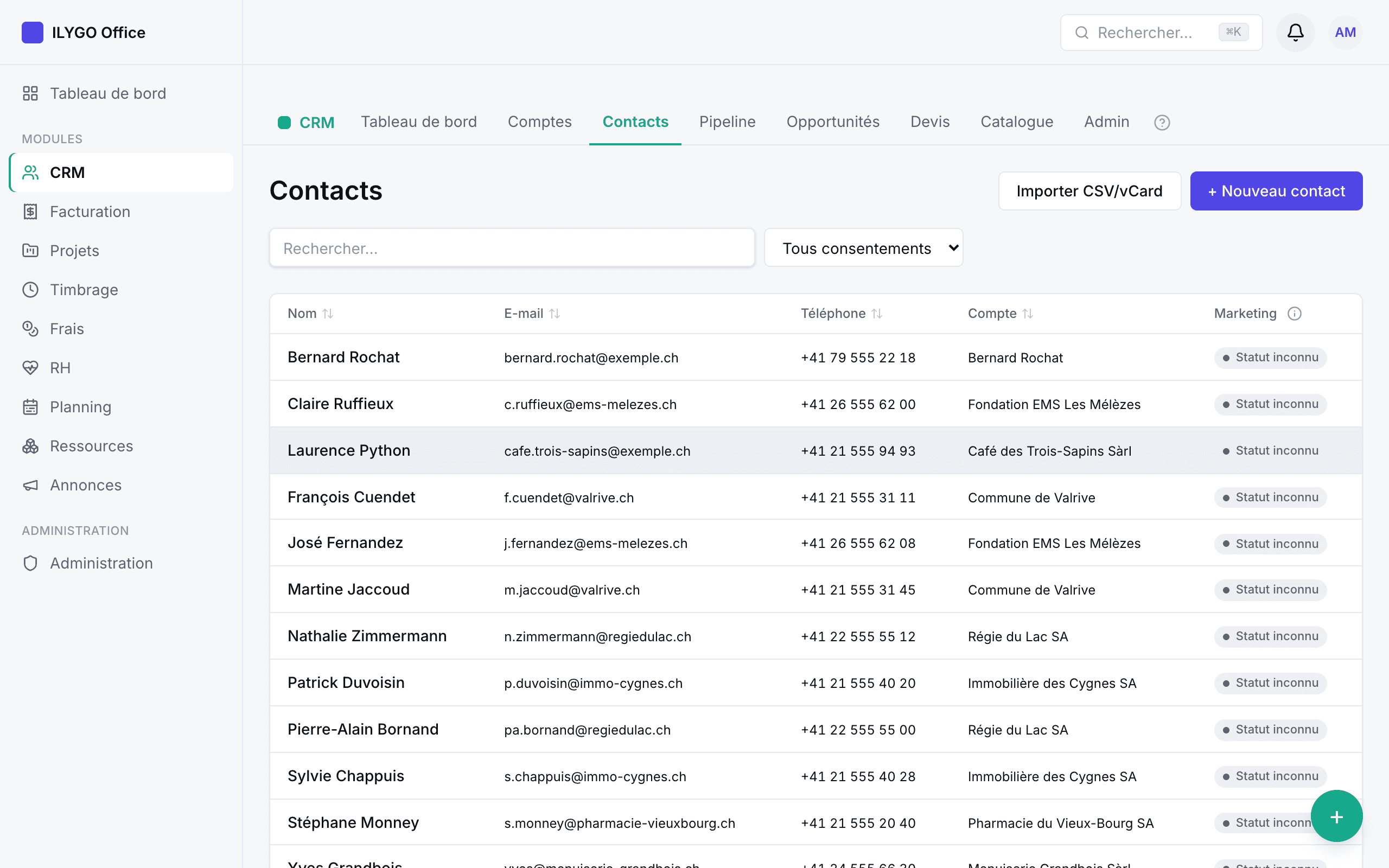 Liste des contacts avec la colonne de consentement marketing