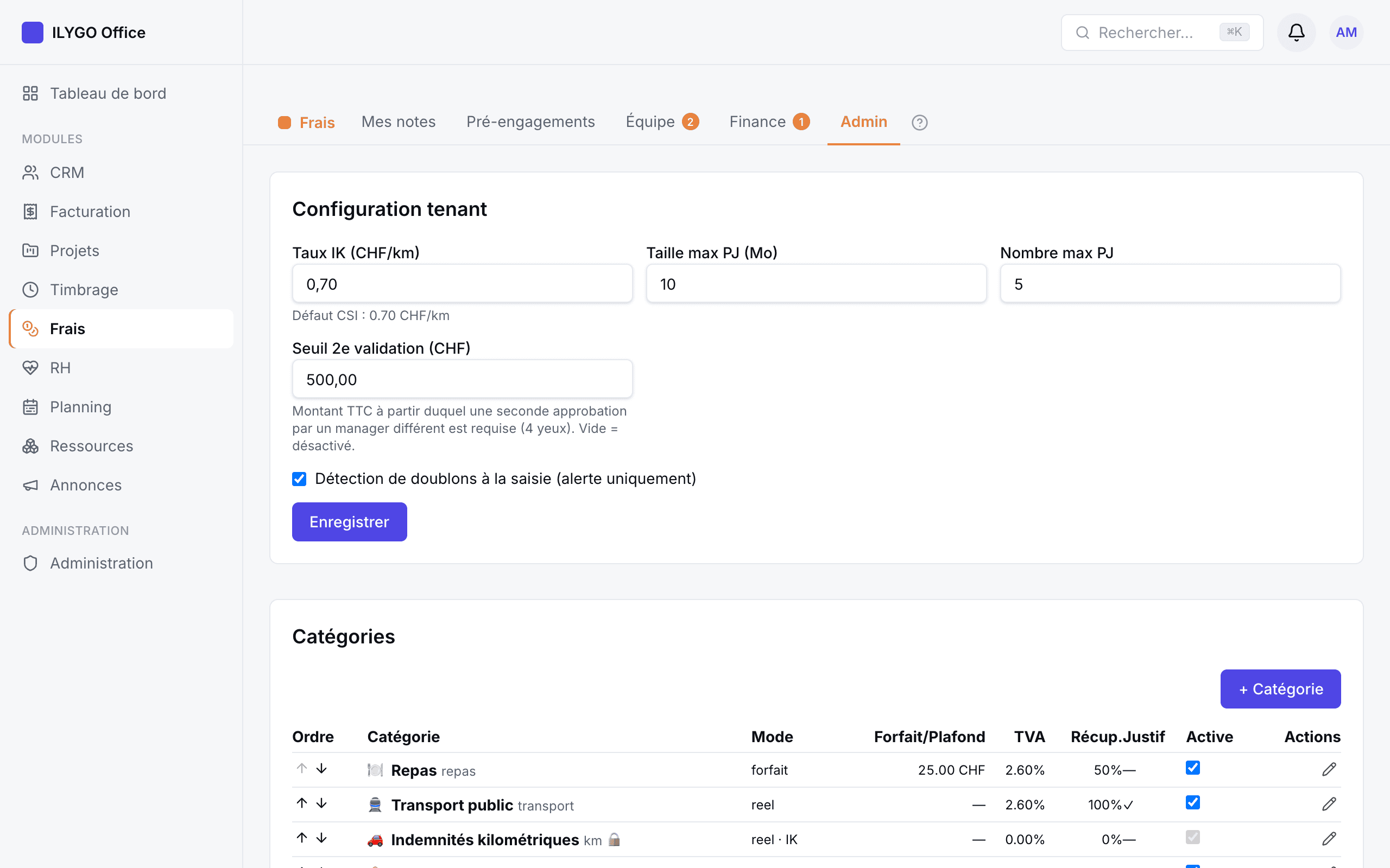 Réglages du module avec la configuration de l'espace et le tableau des catégories