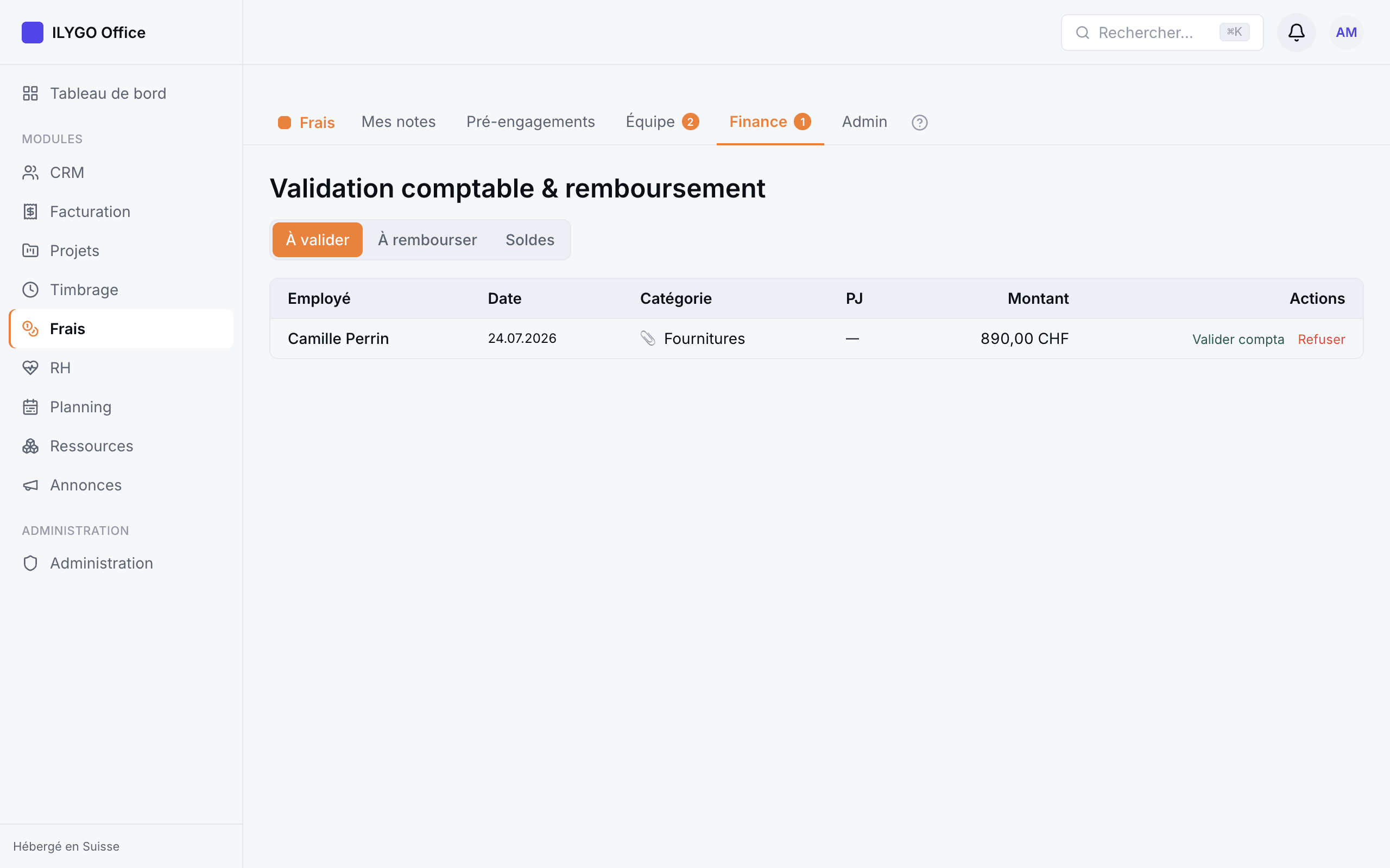 Écran « À payer » avec les vues À valider, À rembourser et Soldes