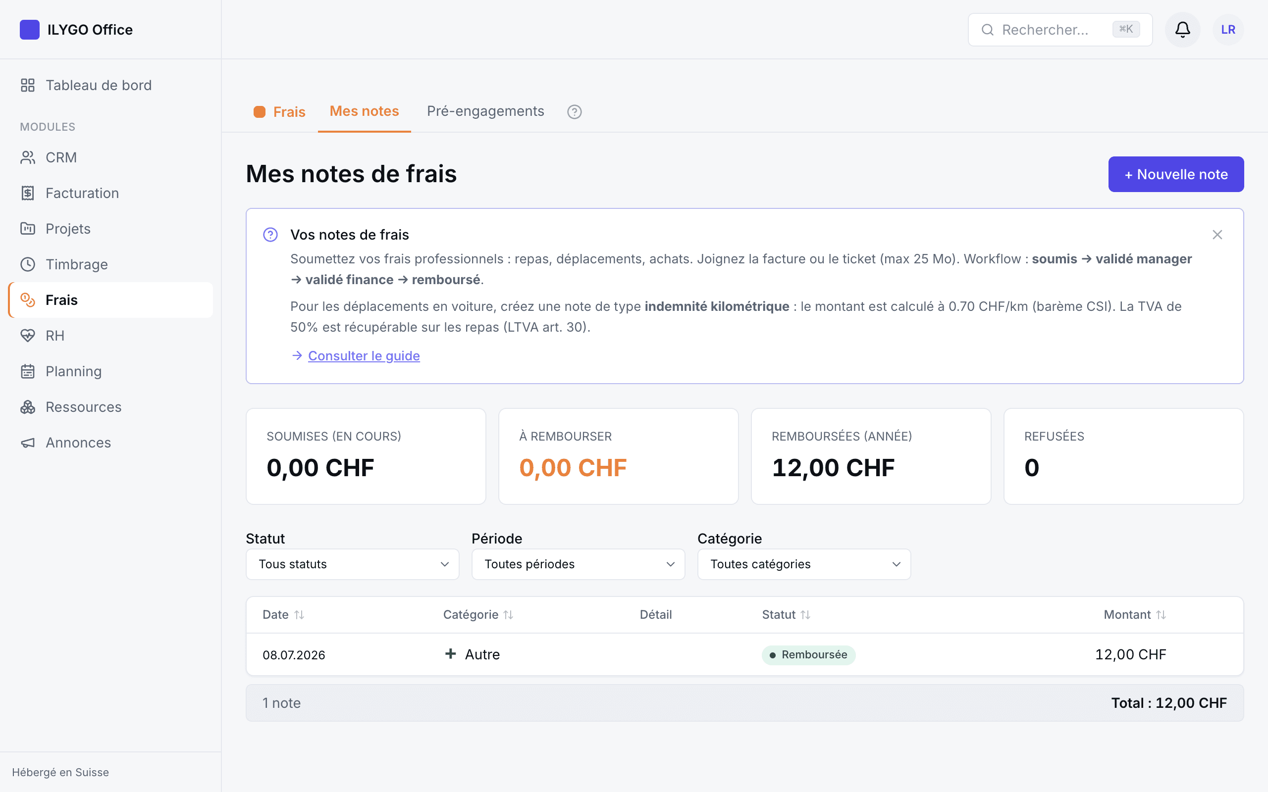 Liste « Mes notes de frais » avec les cartes de soldes, les filtres et le tableau des notes