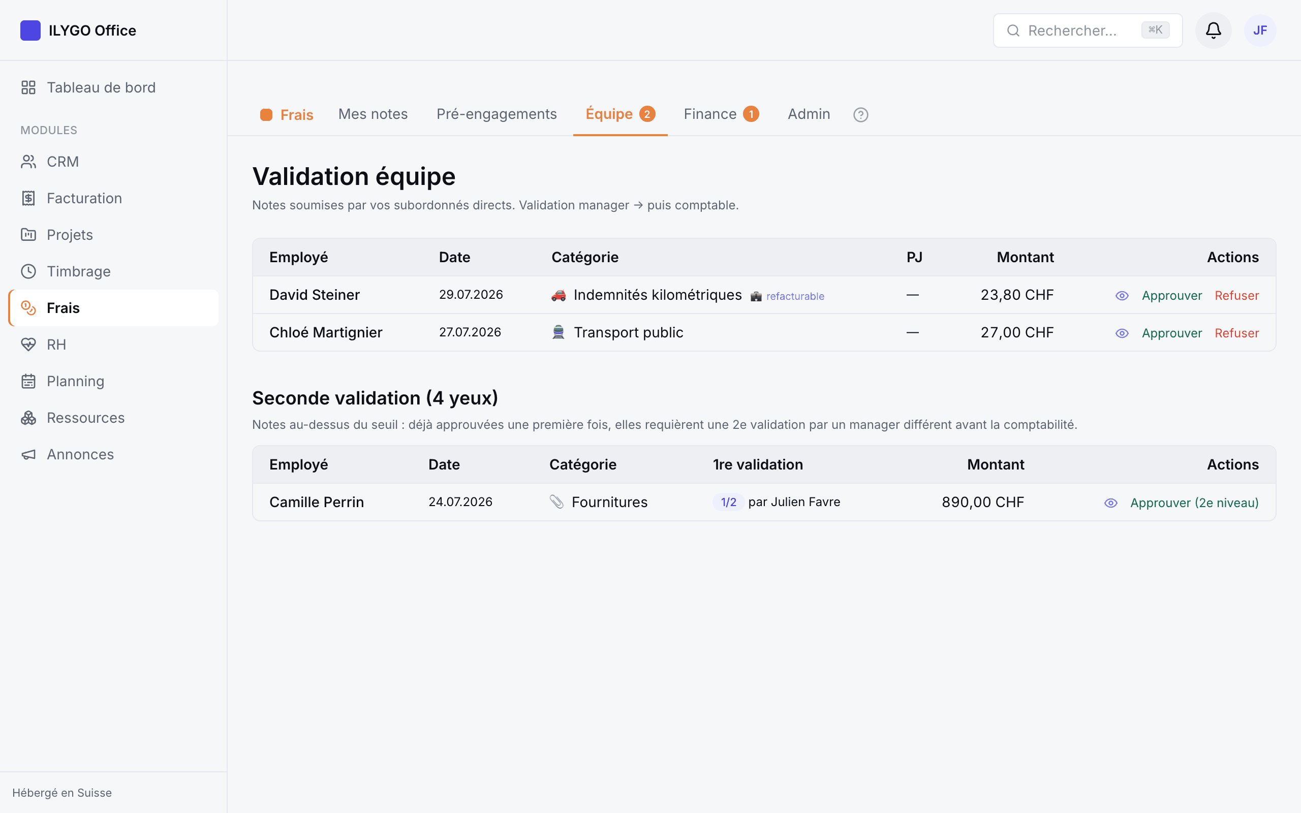 File de validation manager avec la liste des notes soumises et les actions Approuver / Refuser