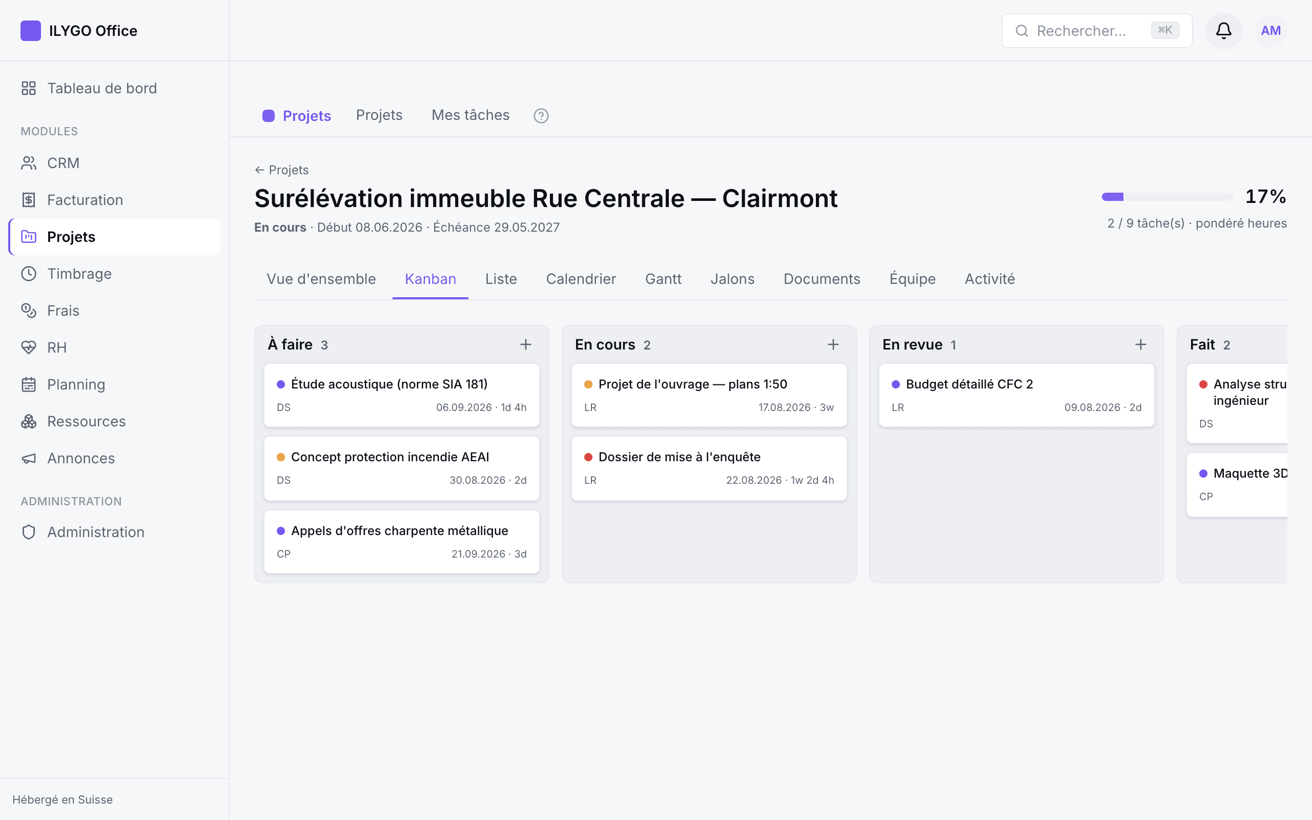Tableau kanban avec colonnes À faire, En cours, En revue, Fait et Bloqué