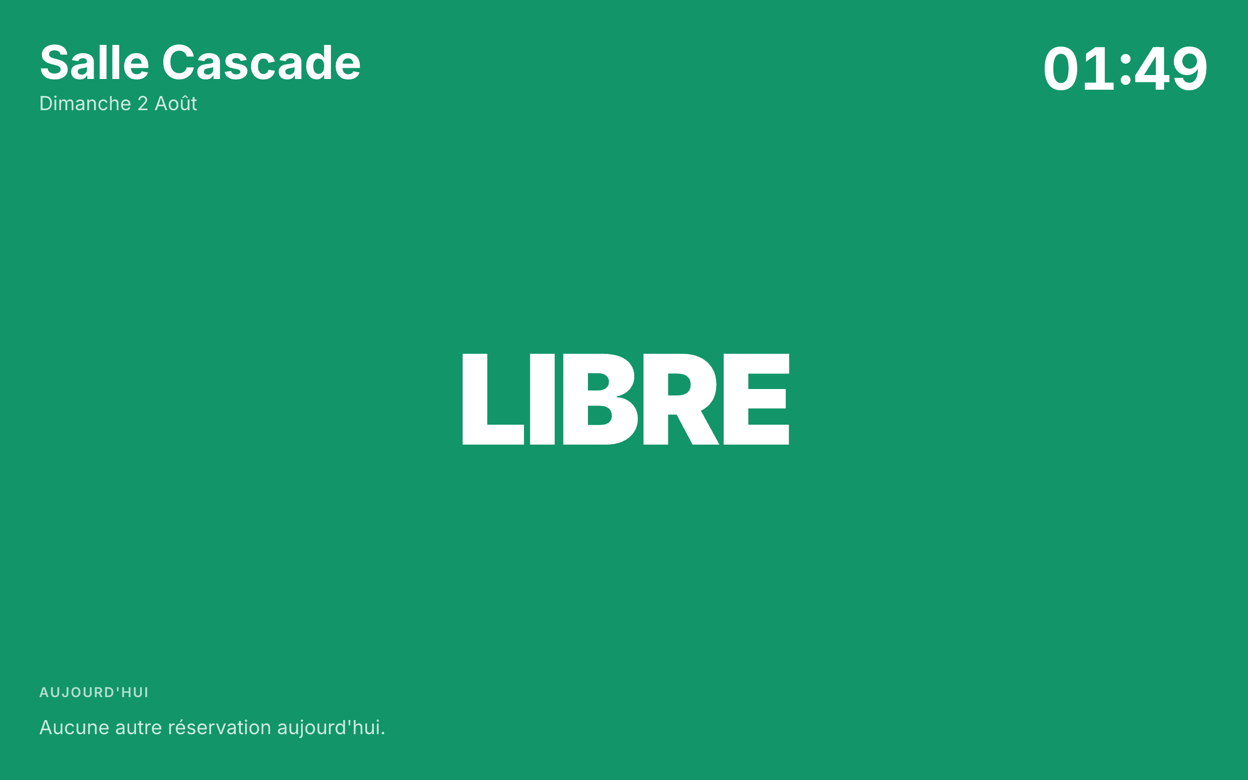Écran de porte affichant l'état de la salle en grand avec les réservations du jour