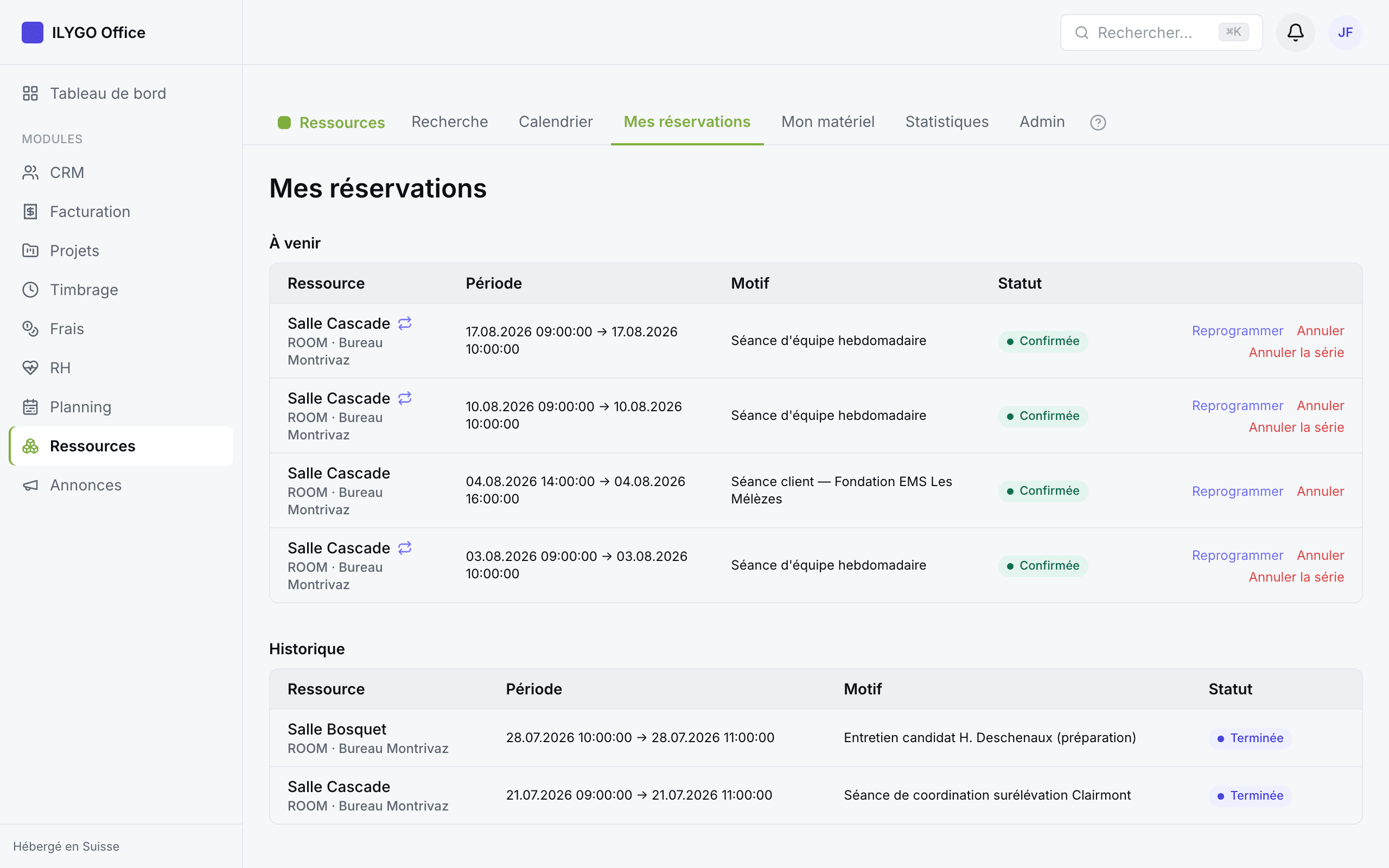 Page Mes réservations avec les sections À venir et Historique et les actions Reprogrammer / Annuler