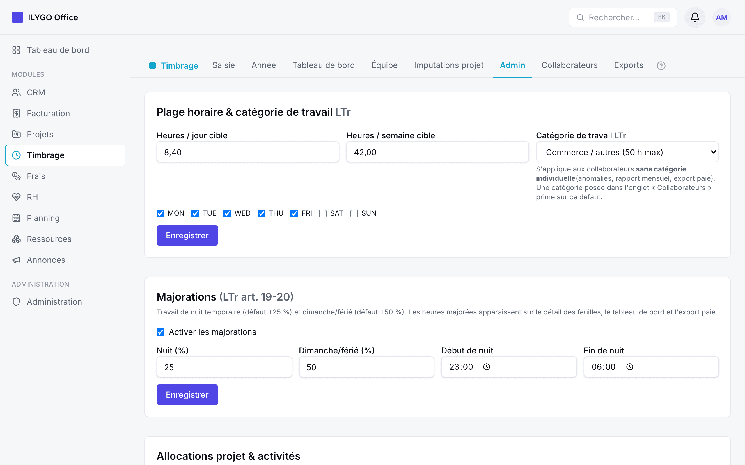 Réglages du timbrage : semaine type, catégorie LTr, majorations, activités internes