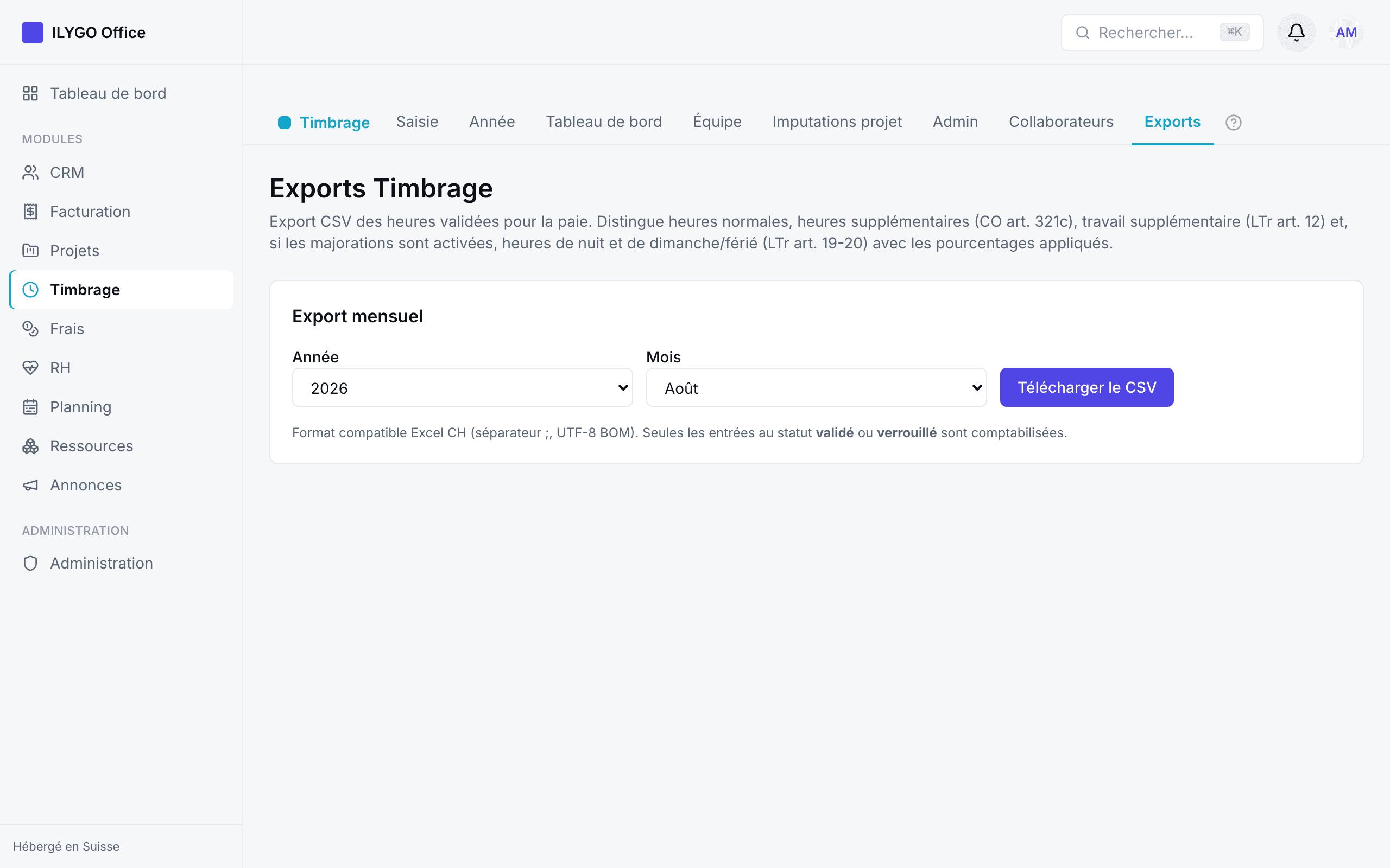 Export CSV mensuel des heures validées pour la paie