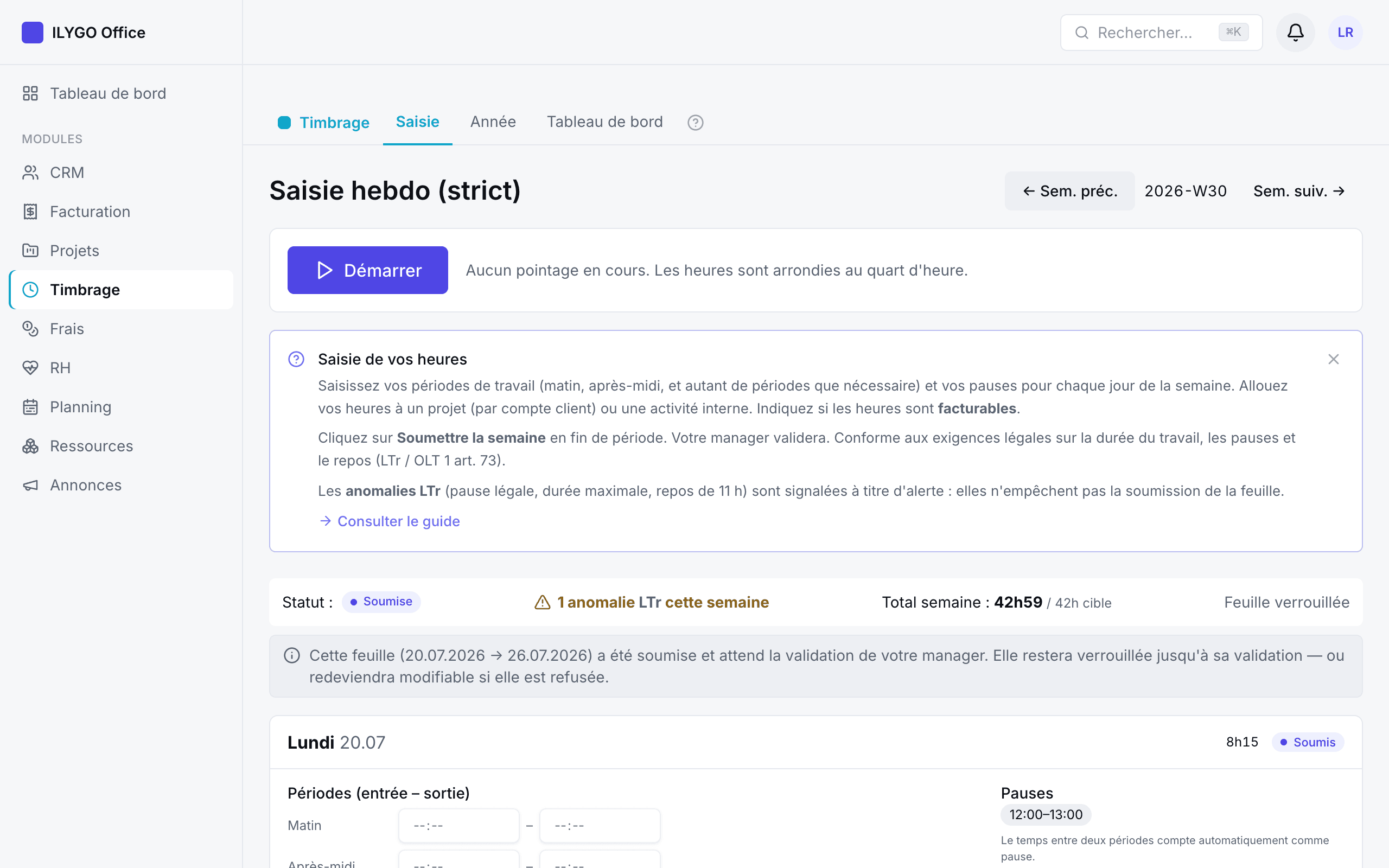Saisie hebdomadaire stricte : périodes Matin/Après-midi, pauses automatiques et allocations par jour