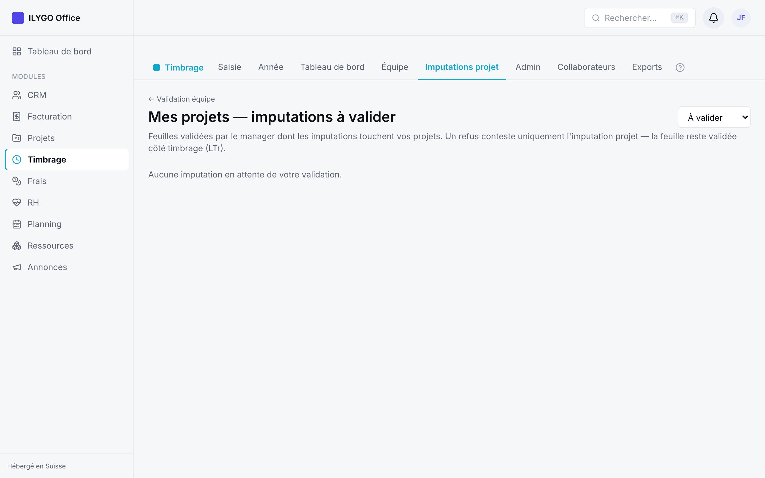 Imputations projet à valider par les chefs de projet, groupées par projet