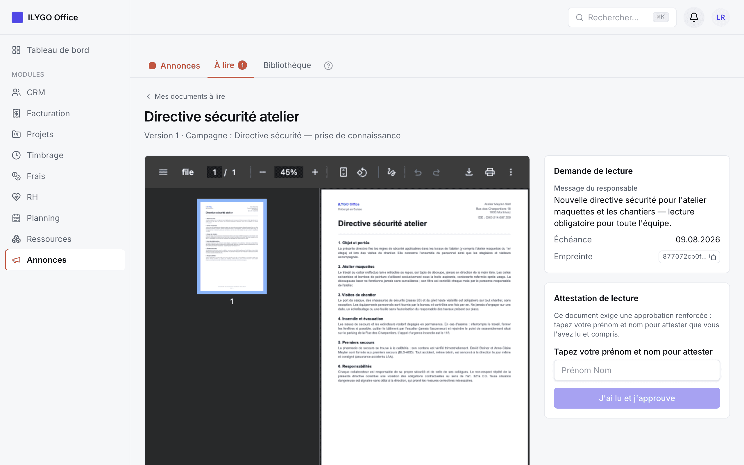 Lecture du PDF dans l'application avec le bouton J'ai lu et j'approuve et la re-saisie du prénom et nom