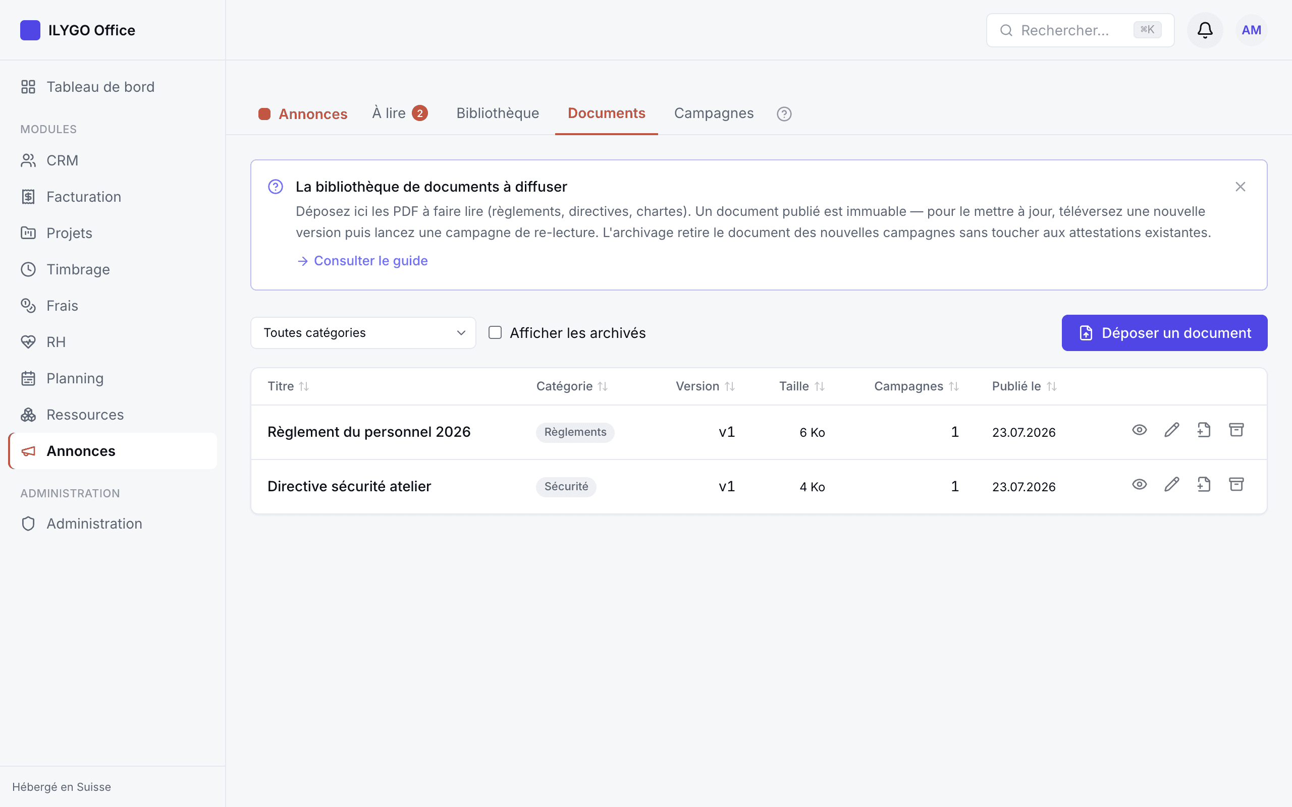 Bibliothèque de documents du responsable : PDF classés par catégorie avec versions et statut d'archivage