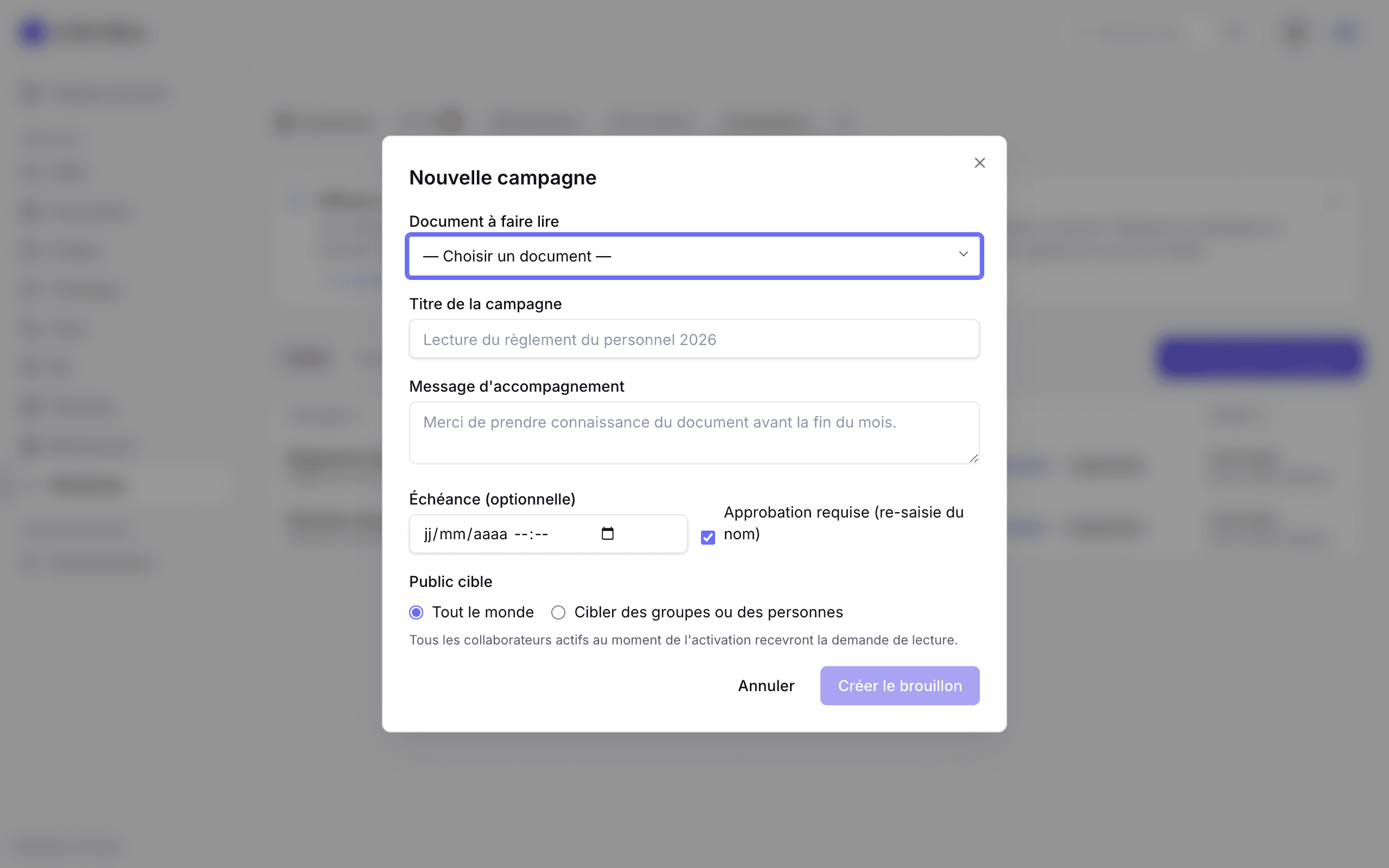 Formulaire de création de campagne : choix du document, message, échéance, approbation requise et public ciblé