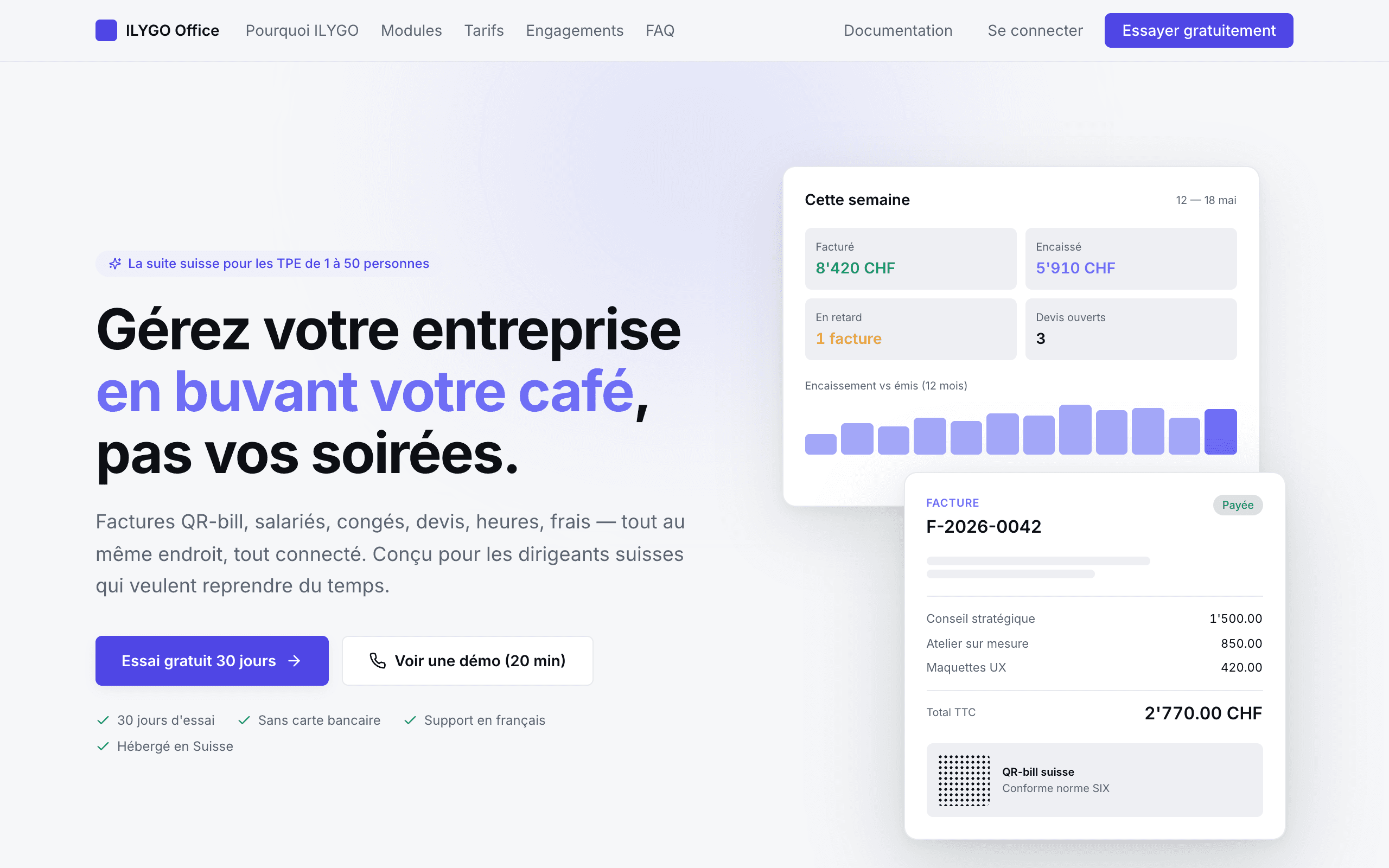 Page d'accueil du site ILYGO Office avec le bouton Essai gratuit