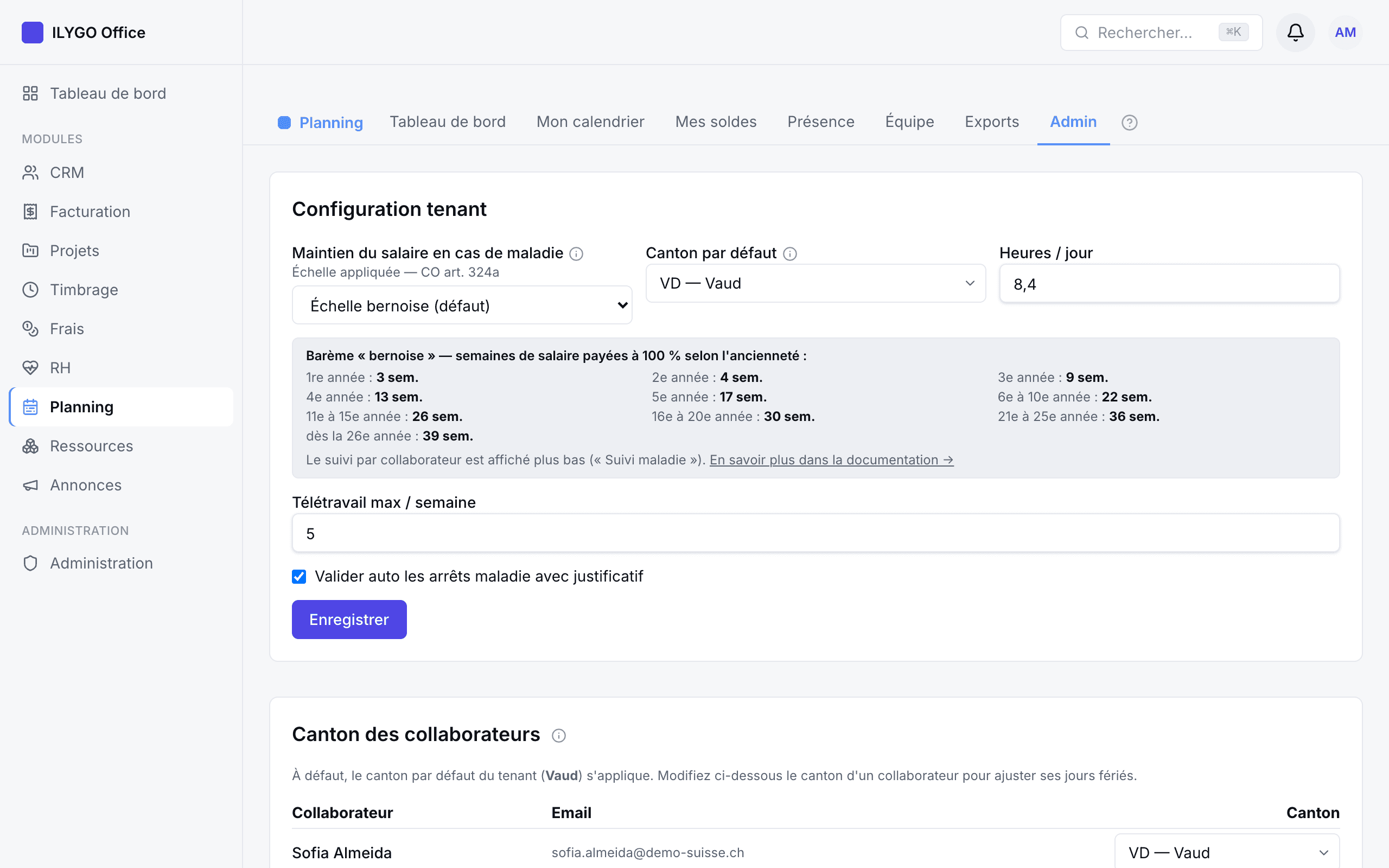Réglages du Planning : configuration, types d'absence, calendrier d'entreprise et tracker maladie CO 324a