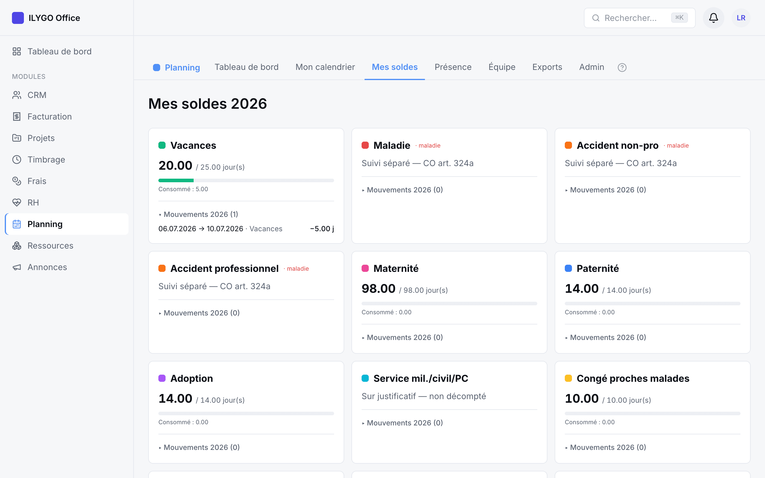 Cartes de soldes par type d'absence avec historique des mouvements déplié