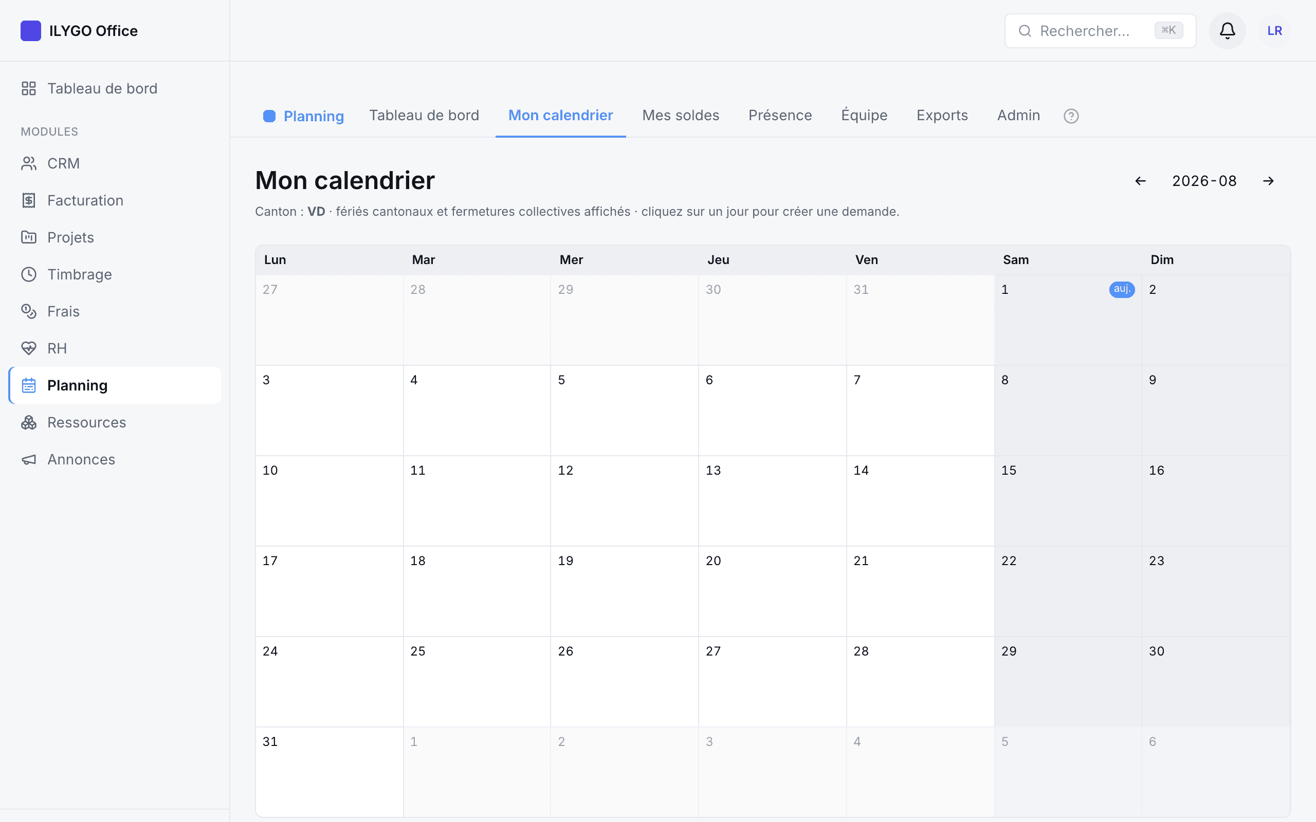 Calendrier mensuel personnel avec jours fériés vaudois, fermetures d'entreprise et absences en couleur