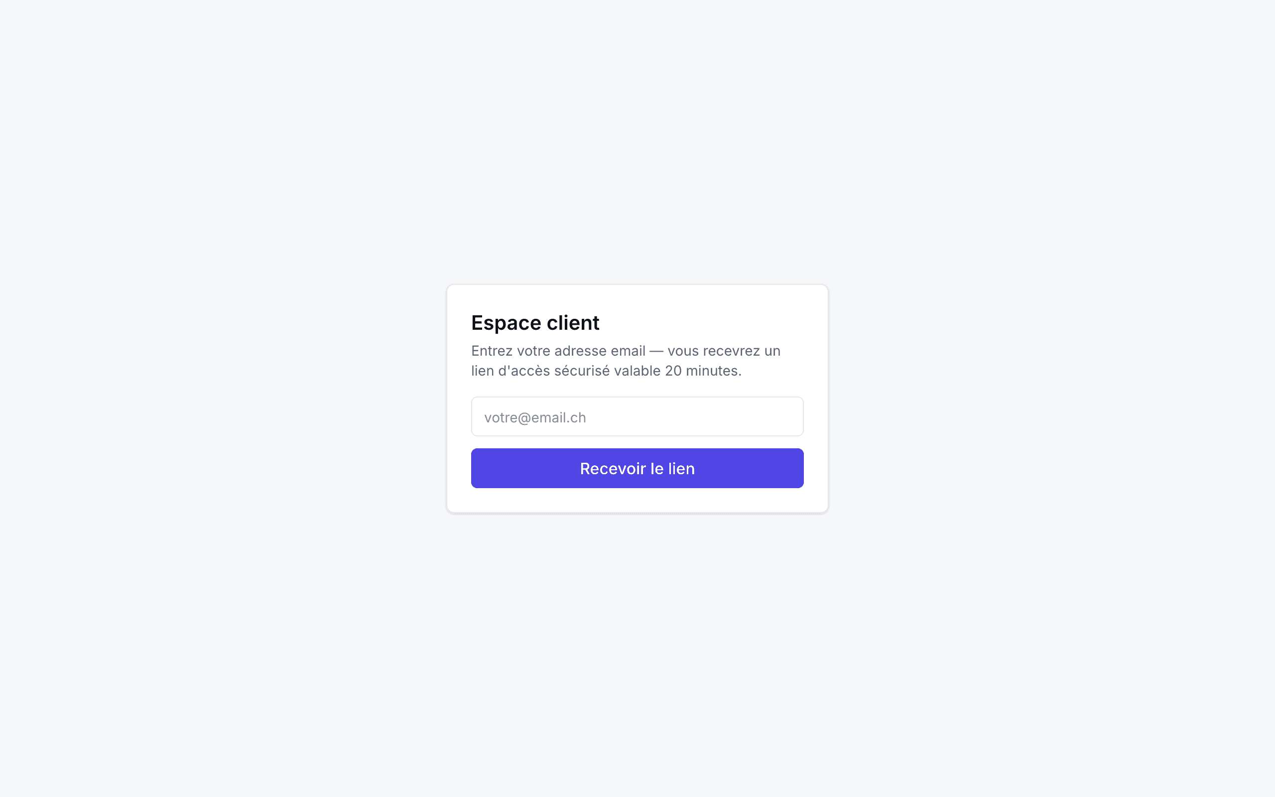 Page de connexion du portail client : saisie de l'adresse e-mail pour recevoir un lien
