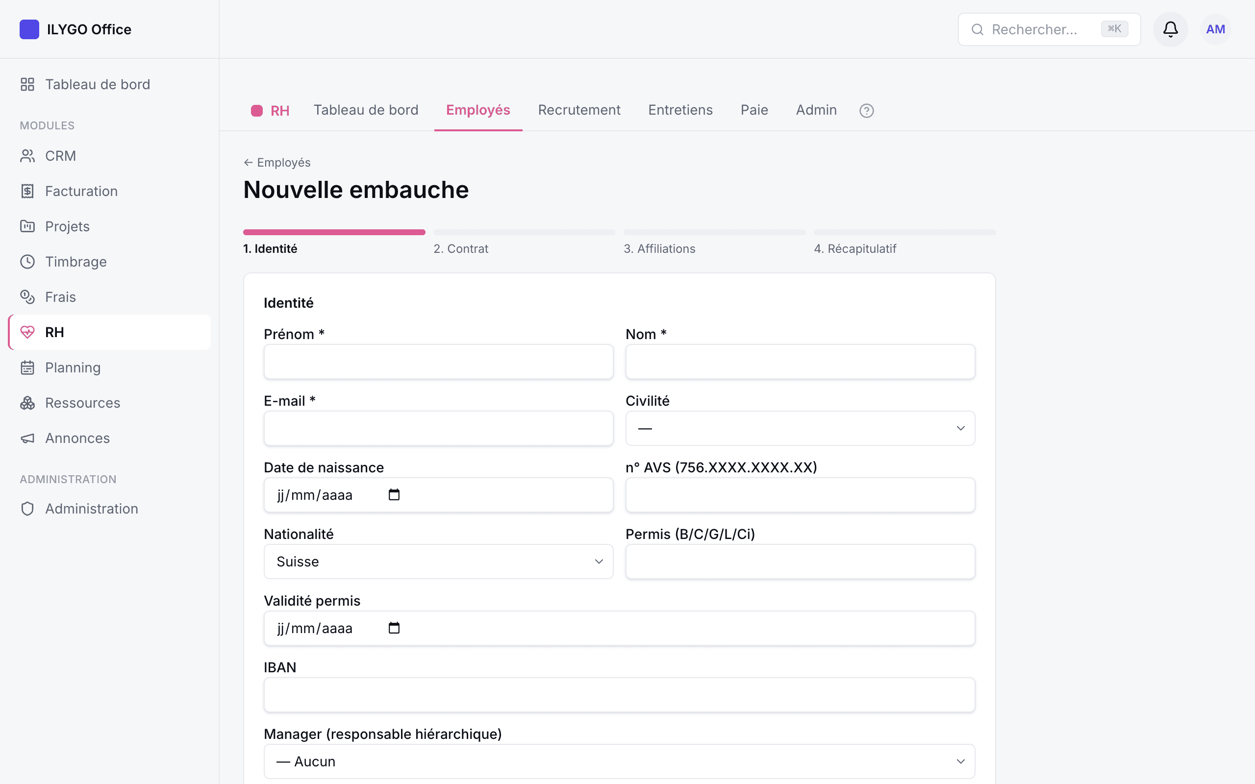 Assistant d'embauche en 4 étapes, première étape identité avec validation du numéro AVS