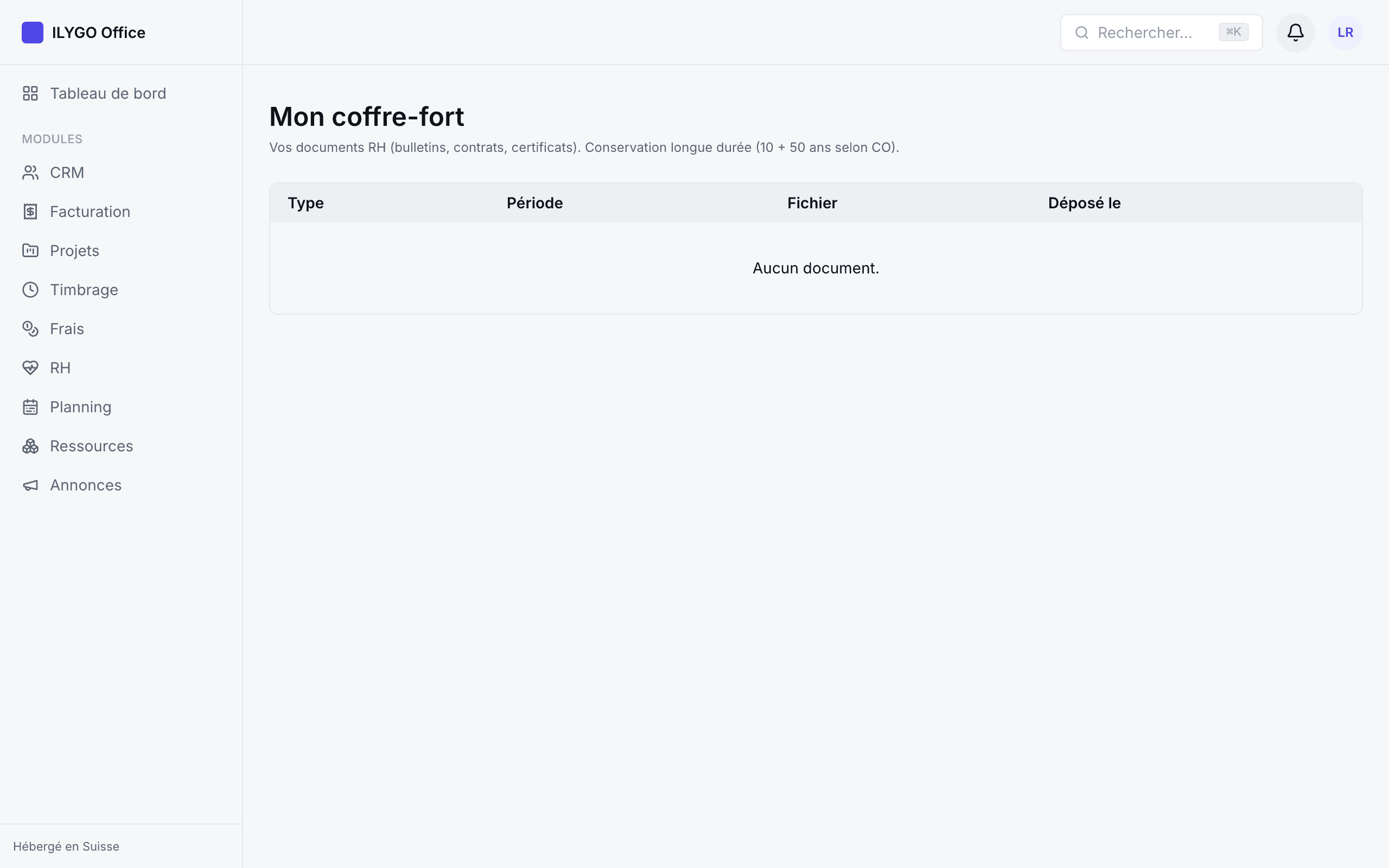 Coffre-fort personnel d'un collaborateur : bulletins de paie et documents classés par période