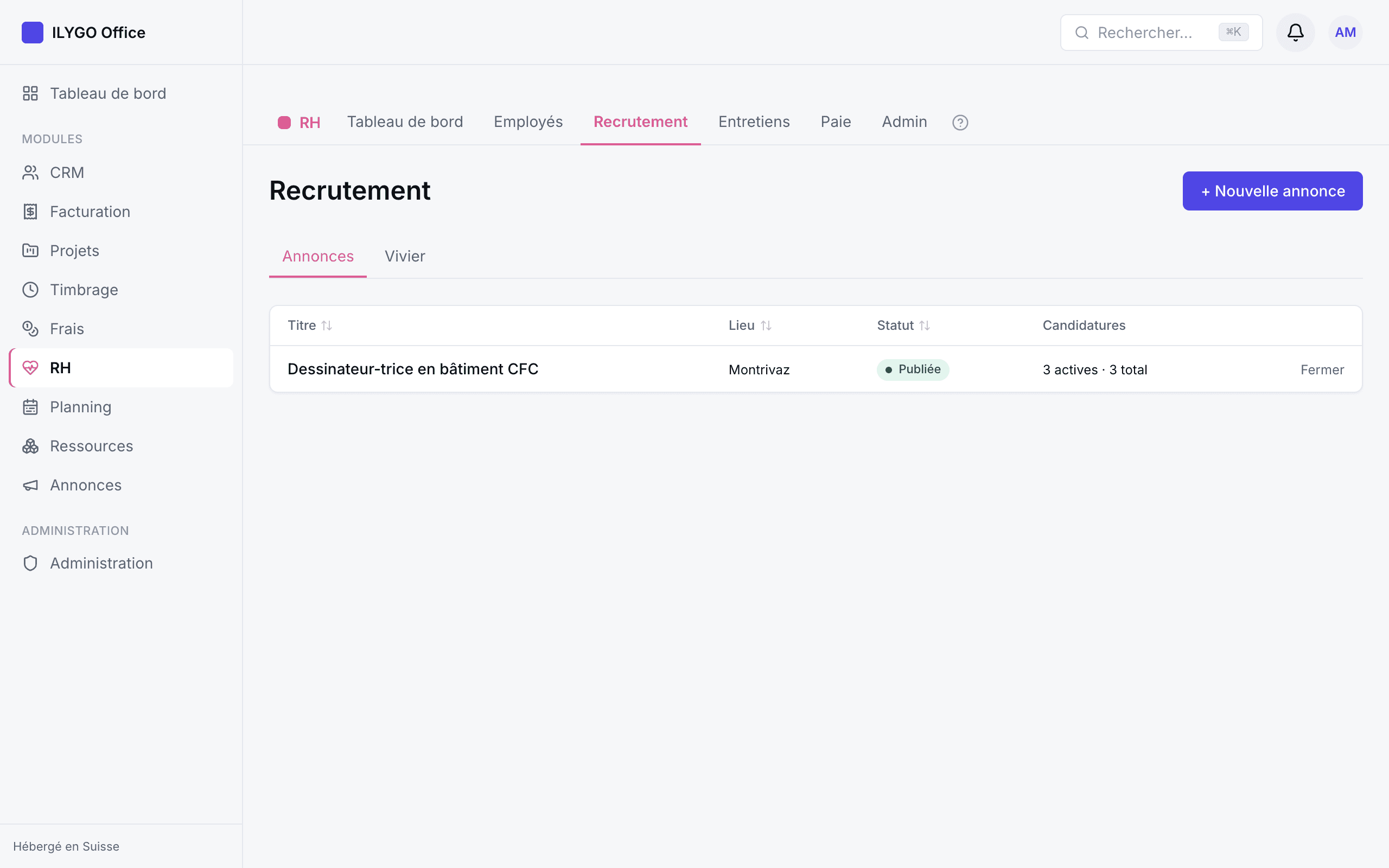 Kanban des candidatures avec colonnes Reçue, Présélection, Entretien, Offre, Embauche