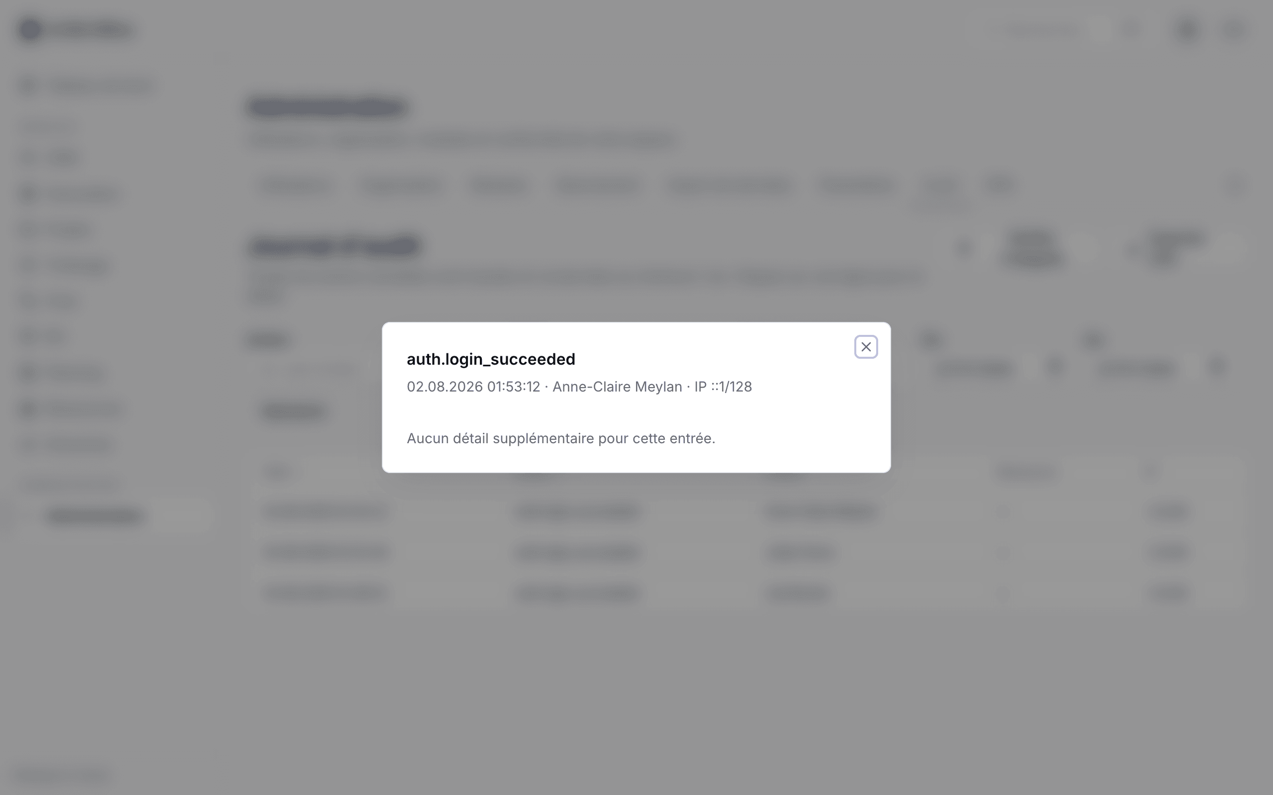 Détail d'une entrée d'audit avec les informations de l'action