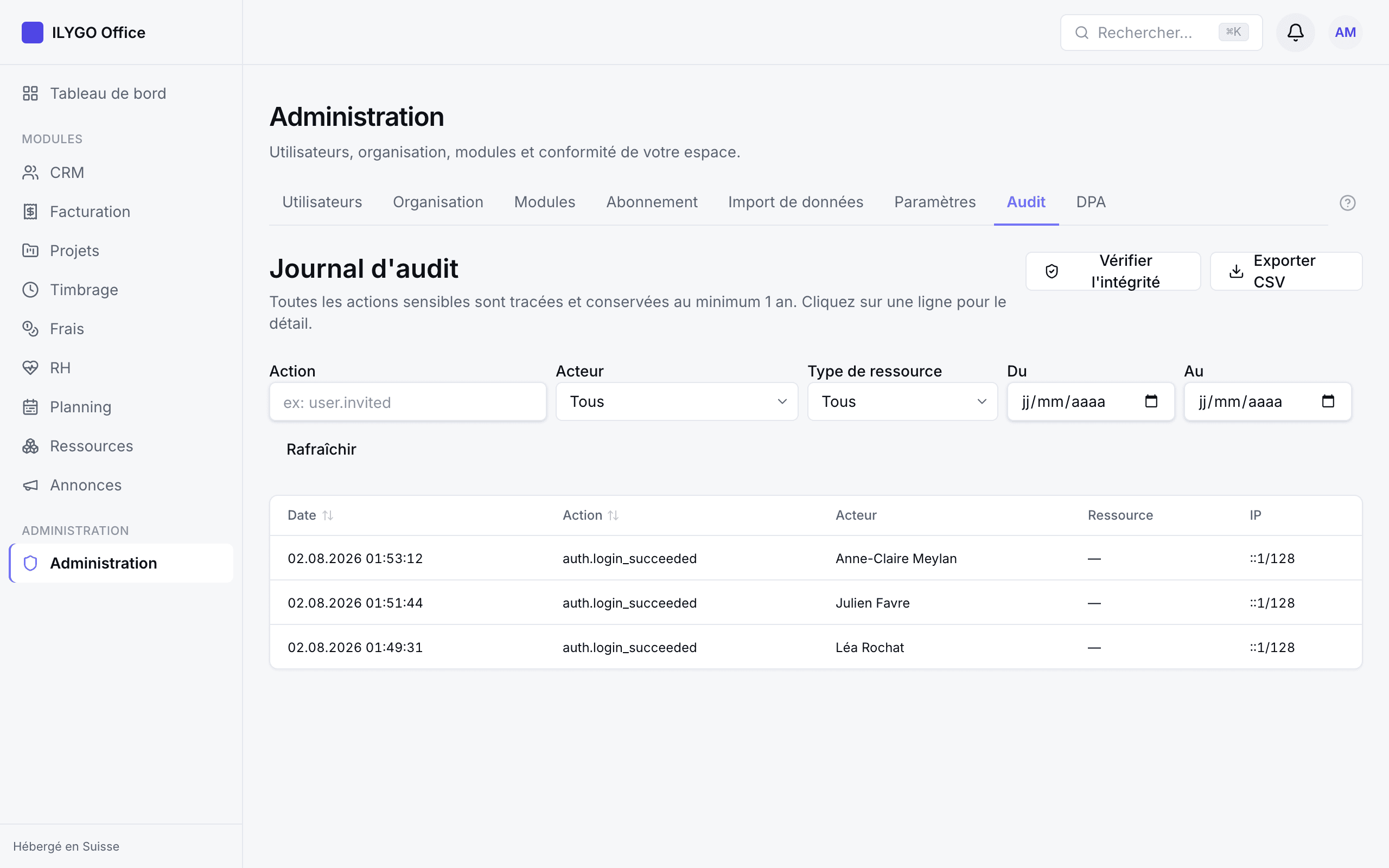 Journal d'audit avec filtres par action, acteur, ressource et période
