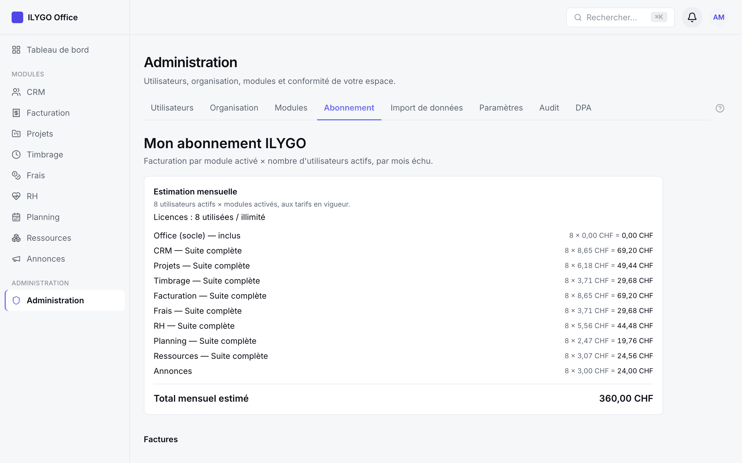 Estimation mensuelle par module et liste des factures ILYGO
