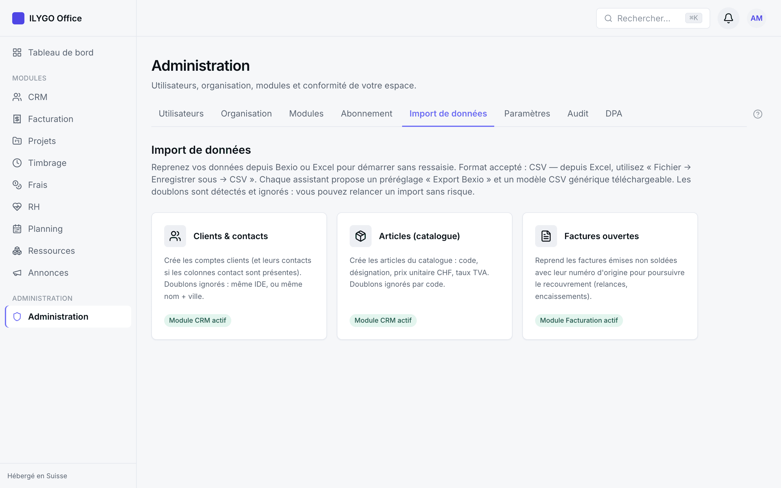 Hub d'import de données avec les trois assistants : clients, articles, factures ouvertes