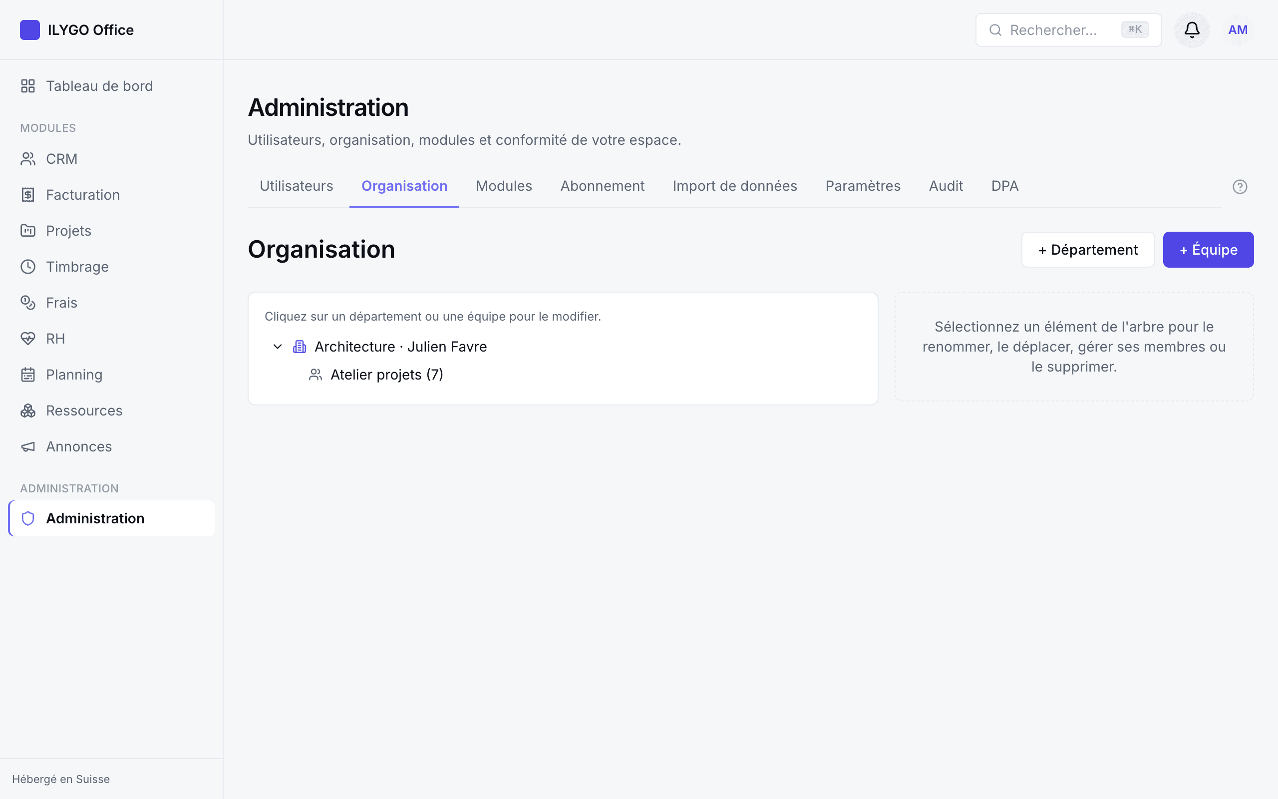 Arborescence des départements et équipes avec le panneau de modification