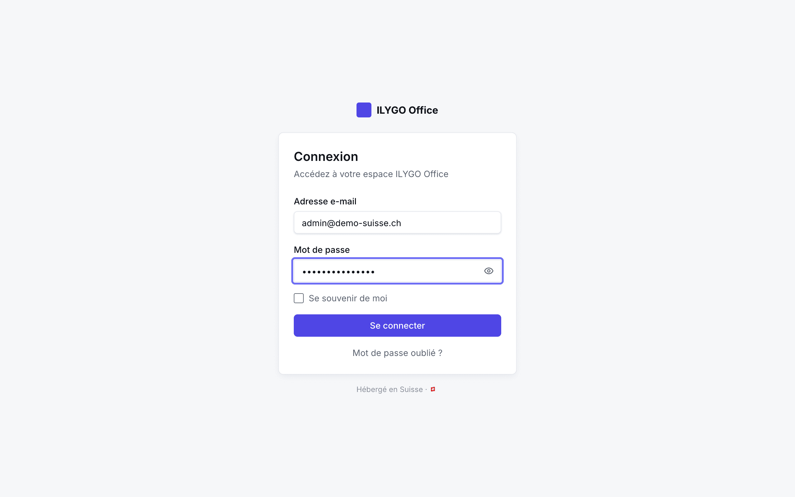 Écran de connexion à ILYGO Office avec e-mail, mot de passe et la case « Se souvenir de moi »
