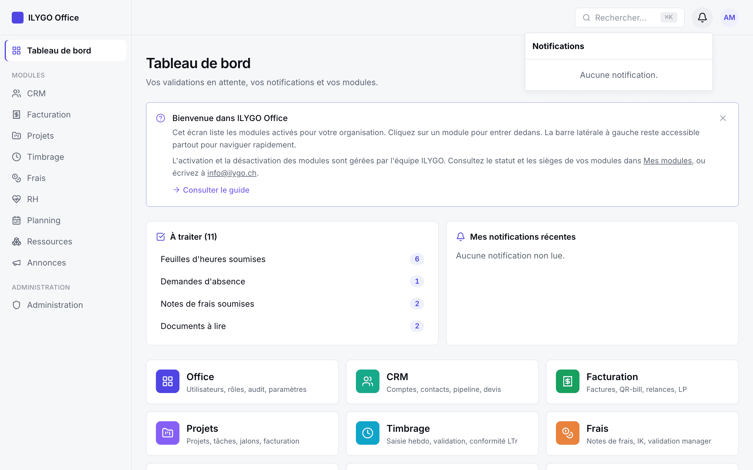 Panneau des notifications ouvert avec plusieurs notifications non lues