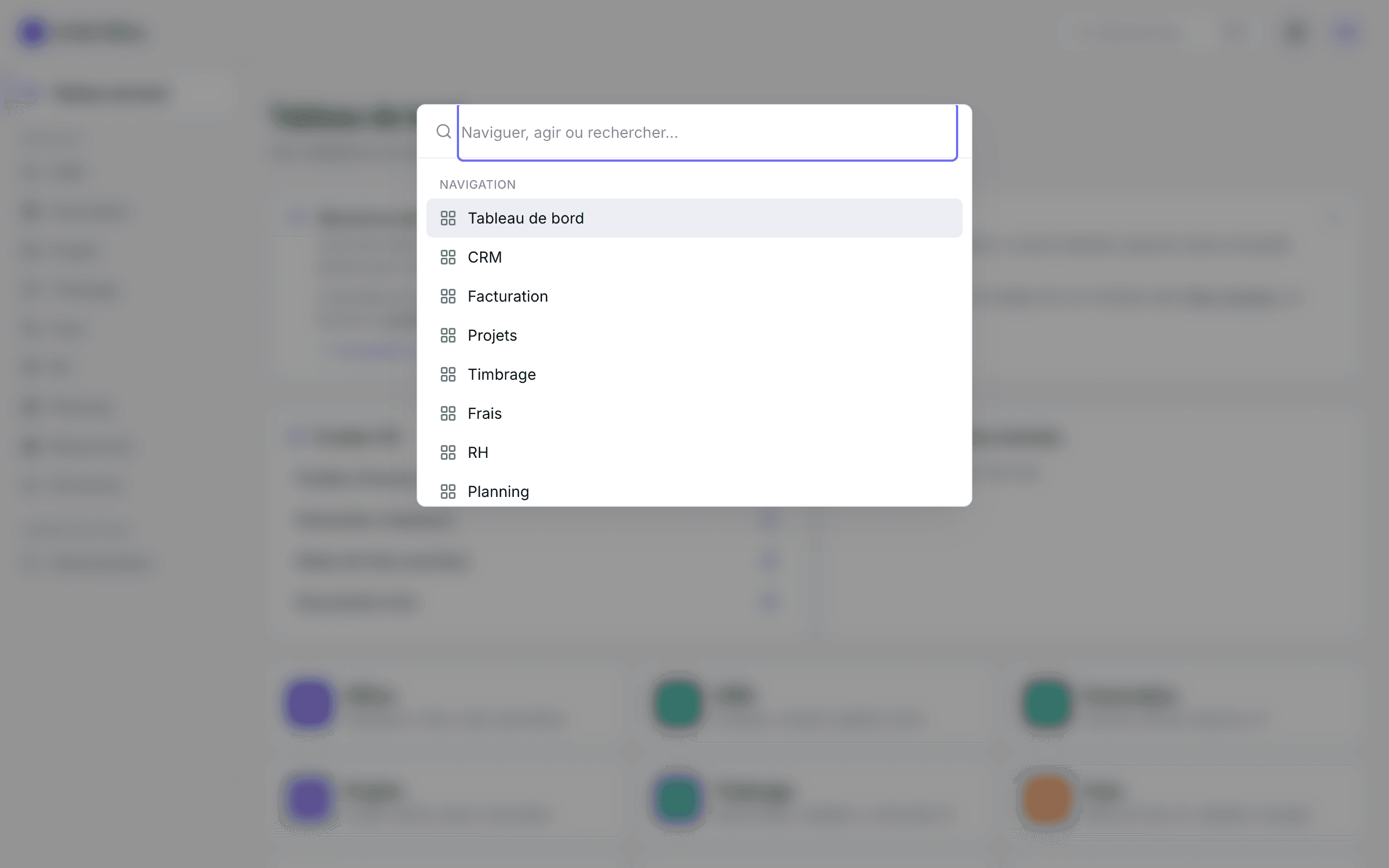 Recherche rapide ouverte avec navigation, actions et résultats